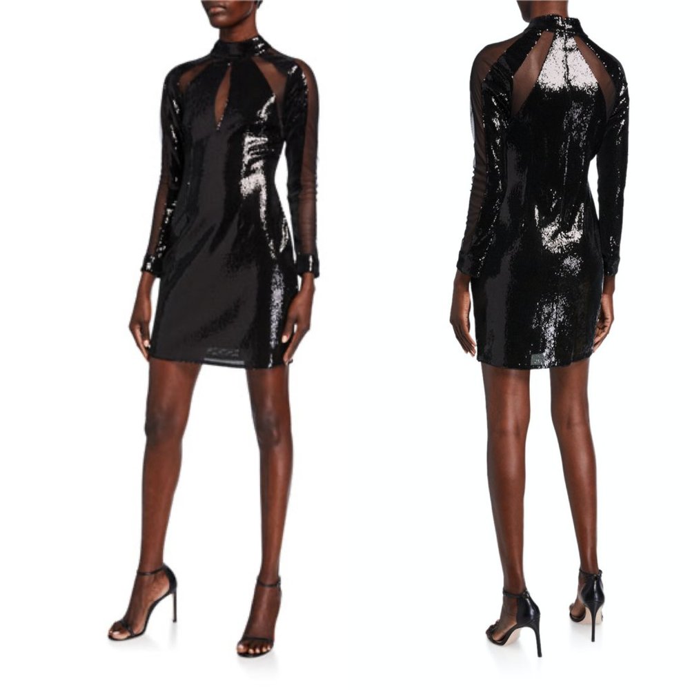 Aidan By Aidan Mattox Sequin & Mesh Inset Mock-Neck Long-Sleeve - Picture 1 of 13